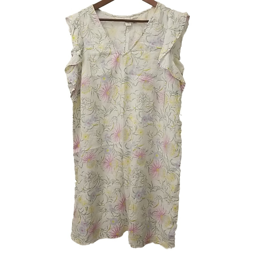 Joie 100% Linen Size 1X Flutter Sleeve Vneck Shift Dress White Floral 1XL Midi